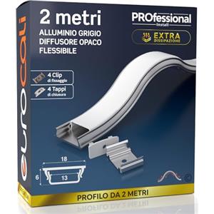 Eurocali 1x Profilo Flessibile da 2 metri in Alluminio per Strisce LED Copertura Opaca 18 x 6 mm - Barra per Strip LED, Dissipatore