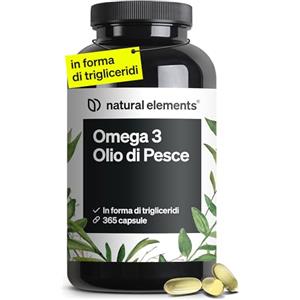 natural elements Omega 3 Olio di Pesce 2000mg - 365 softgels capsule - 360mg EPA e 240mg DHA per porzione - alto dosaggio - prodotto e testato in laboratorio in Germania