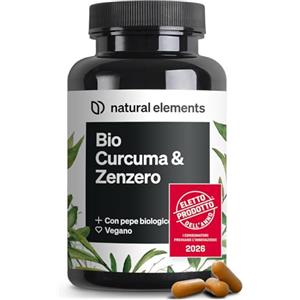 natural elements Bio Curcuma & Zenzero - 180 capsule - curcuma, zenzero e pepe biologici - con curcumina e piperina - ad alto dosaggio - prodotto e testato in laboratorio in Germania