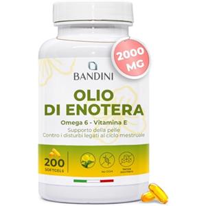 Bandini® Olio di Enotera 2000mg, Antiossidante per Pelle, Capelli e Unghie, 200 Softgels, Utile per Equilibrio Ormonale, Menopausa, Contrasta i Disturbi del Ciclo Mestruale, Integratore Donne, No OGM
