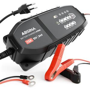 ABSINA Caricabatterie Auto 12V & 24V 7,5 A per Batterie al Piombo fino a 240Ah & 12,8V Litio - Mantenitore di Carica Auto, Camper, Camion - Carica Batteria Auto Moto, mantenitore di carica moto