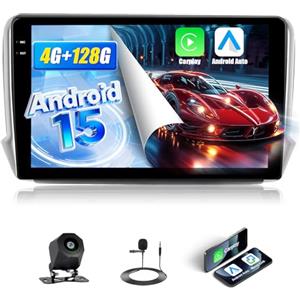 GOHHDL 4G+128G Autoradio Android per Peugeot 208 2008 2012-2018 con Wireless Carplay Android Auto, Touch Stereo da 10.1 Pollici con GPS Navi WiFi GPS SWC FM RDS EQ Retrocamera&Mic