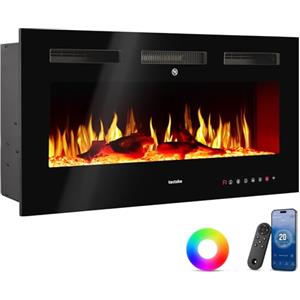 tectake® Caminetto elettrico da parete, Camino Elettrico 106,5x43x12 cm, 2 livelli di riscaldamento 900 W e 1800 W, 6 colori per effetto fuoco finto LED 3D, controllo app e WiFi e telecomando, Stufa