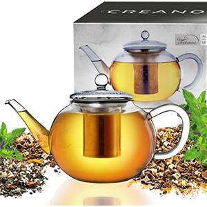 Creano Teiera in Vetro 1,6 Litro con Filtro Acciaio Inossidabile Integrato e Copercio Vetro - Elegante Teiera Trasparente Perfetto per la Preparazione di Tè Sciolto, Senza Gocce, All-in-One | 3 Pezzi
