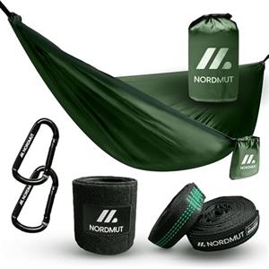 NORDMUT® Amaca Ultralight Outdoor [con Set di Fissaggio] - Amaca da Campeggio con Set di Protezione degli Alberi per Campeggio, Outdoor e Giardino - Portata Max 300 kg (Verde / 140 x 275 cm)