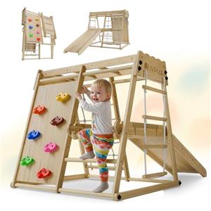 Juskys Mini struttura arrampicata per bambini - parco giochi per interni con scivolo, parete di arrampicata, rete di arrampicata e anelli ginnici - torre di arrampicata pieghevole in legno - naturale