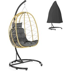 Outsunny Poltrona Sospesa 150kg max con Cesto Pieghevole e Cuscini, Poltrona a Dondolo da Giardino in Acciaio e Rattan PE, 102x102x195 cm, Nera Grigia e Beige