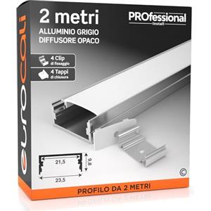 Eurocali 1x Profilo da 2 metri (2mt) in Alluminio grigio per Strisce LED Schermatura Opaca ingombro max striscia led 21.5mm - 23.5 x 9.8