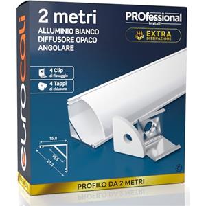 Eurocali 1 Profilo Angolare da 2 metri (2mt) in Alluminio Bianco per Strisce LED Schermatura Opaca ingombro max striscia led 10.5mm - 15.8 x 15.8