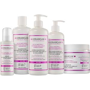 Kerargan - Set Volumizzante: Shampoo, Balsamo, Maschera, Siero & Leave-In alla Biotina & Collagene per Capelli Piatti, Fini e Opachi - Senza Solfati, OGM, Silicone - 3x500ml+1x100ml+1x350ml