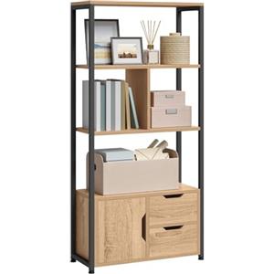WOLTU Libreria Moderna Design, 58 x 24 x 122 cm, Scaffale per Libri CD, con Cassetti e Ante, in Legno e Metallo, Rovere Chiaro RGB09hei