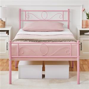 Yaheetech Letto Singolo in Ferro Battuto a Doghe Struttura Letto in Metallo 90 x 200 cm Testiera Elegante Stile Rustico Moderno Rosa