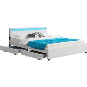 Juskys letto imbottito Lyon da 180x200 cm con similpelle, cassetti, luci LED e rete a doghe - Bianco - Letto matrimoniale
