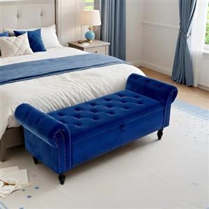 Clevich Cassapanca, Velluto Pouf Contenitore 133cm, con asta a gas Booster, estremità letto con coperchio, Ottomano con gambe in legno, per corridoio, sala da pranzo, camera da letto (Blu)