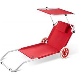 Casaria® Lettino da Spiaggia Kreta Pieghevole Trasportabile 2 Ruote con Cuscino Tettuccio Parasole Sdraio Prendisole