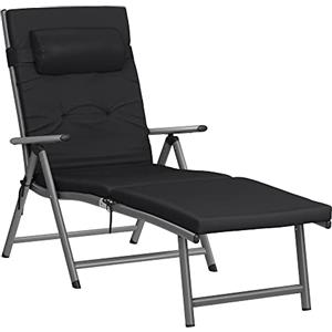 SONGMICS Lettino Prendisole, Pieghevole, Sedia a Sdraio con Materassino da 6 cm, Poggiatesta Rimovibile, Traspirante, Schienale Regolabile, Portata Fino a 150 kg, Nero GCB24BK