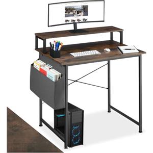 tectake® Scrivania 80x55x90cm con Ripiano rialzato per Monitor, Scrivania Gaming per Casa e Ufficio, Ideale Computer Portatile o Computer Fisso, Piedini Regolabili, Stile Industriale - Legno Scuro