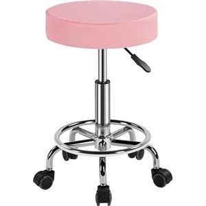 Yaheetech Sgabello con Ruote, Regolabile in Altezza, Sedia Rotondo Estetista con Rotelle Girevole, per Salone Toeletta Trucco Parrucchiere Poltrona Pedicure in Ecopelle, Rosa
