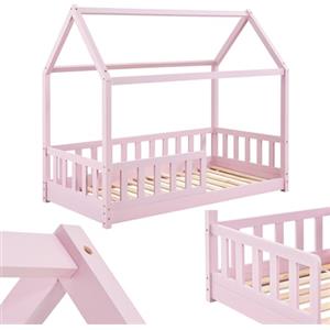Juskys letto per bambini Marli da 80x160 cm con protezione anticaduta, rete a doghe e tetto - Letto a casetta in legno massiccio per bambini - Letto rosa
