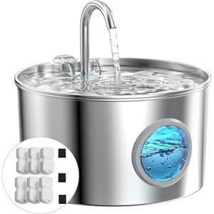 GIOTOHUN Fontanella per Gatti Acciaio: Fontana per Animali Domestici - 2.2L Fontanella Gatto - Super Silenzioso Dispenser Acqua - Mantiene l'acqua Fresca - con 6 Filtris + 3 Spugne