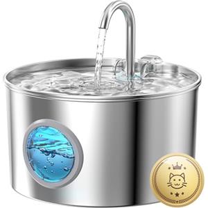GIOTOHUN Fontanella per Gatti Acciaio: Fontana per Gatti Automatico - 2.2L Fontanella Gatto - Dispenser Acqua Gattis con 1 Filtri + 1 Spugne - Dispenser Acqua Gatto - Distributore Cani con Finestra Panoramica
