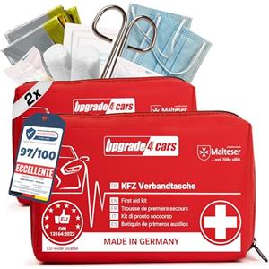 Upgrade4cars 2 x Upgrade4cars Kit di Pronto Soccorso 2026 per Auto Casa Viaggio Trekking ecc. Cassetta Medica Primo Soccorso Completo Portatile Rosso Borsa di Emergenza Completa per tutta Europa