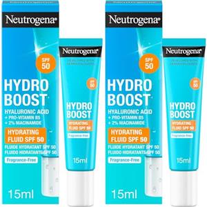 Neutrogena Hydro Boost Fluido Idratante SPF 50, Crema solare viso 50 con Acido Ialuronico, Niacinamide e Pro-Vitamina B5, Crema viso SPF 50 in fluido, Protezione solare in mini size da 15 ml