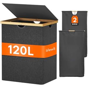Lifewit Cesto Portabiancheria in Bambù, Grande Portabiancheria Sporca con Coperchio, Cesta Biancheria Pieghevole con Sacchi Rimovibili per Camera, Bagno, Lavanderia, 120 L, Grigio Scuro