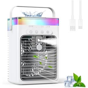 Tiptop Home Condizionatore d'Aria Portatile, 3-in-1 Raffreddatore ad Evaporazione con 3 Velocità e 2 Modalità Nebbia, 1000ml Mini Condizionatore, Ventilatore USB con Luce RGB e Timer per Ufficio Auto Camper