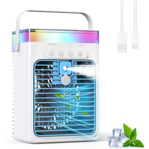 Tiptop Home Condizionatore d'Aria Portatile, 3-in-1 Raffreddatore ad Evaporazione con 3 Velocità e 2 Modalità Nebbia, 1000ml Mini Condizionatore, Ventilatore USB con Luce RGB e Timer per Ufficio Auto Camper