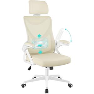 Yaheetech Sedia Ufficio Ergonomica con Braccioli Poggiatesta Regolabile Schienale Alto Funzione Dondolo Poltrona Scrivania Girevole in Rete Traspirante con Supporto Lombare beige