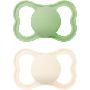 MAM Air Succhietto 6-16 Mesi (Set da 2), Ciuccio MAM 6-16 mesi per pelli sensibili e delicate, Kit 2 accessori neonato con tettarella in caucciù naturale e porta ciuccio sterilizzatore, Crema/Verde