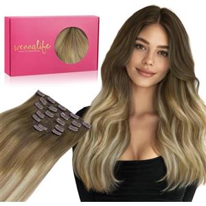 WENNALIFE Extension Capelli Veri Clip, 50cm 120g 7pcs Extension Clip Capelli Veri Ombreggiatura dal Castano Noce al Castano Cenere e al Biondo Candido Remy Umani Naturali Capelli Extension con Clip