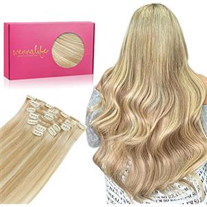WENNALIFE Extension Capelli Veri Clip, 55cm 70g 7Pezzi Biondo Sporco Misto a Biondo Candido Extension Clip Capelli Veri Lisci Umani Extension Con Clip Naturali Extension Capelli Veri