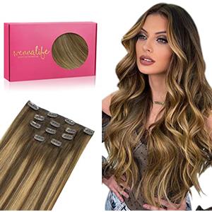 WENNALIFE Extension Capelli Veri Clip, 50cm 80g 5Pezzi Balayage Marrone Cioccolato a Biondo Caramello Extension Clip Capelli Veri Lisci Umani Extension Con Clip Naturali Extension Capelli Veri