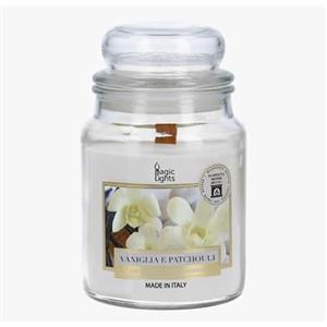 Magic Lights Candela Profumata Vaniglia & Patchouli 510g - Candela in Giara con Stoppino in Legno Effetto Camino - Candela Aromaterapia Relax Casa - Cera Vegetale Made in Italy - 90 Ore