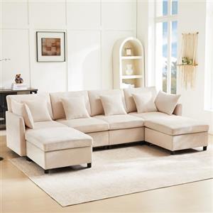 VICONELISE Divano Letto 4 Posti con Penisola, Divano Letto Matrimoniale con Materasso, Divano Angolare 4 Posti Forma di U con Braccioli e Poggiapiedi Rimovibile, Beige