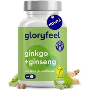 Gloryfeel Ginkgo + Ginseng 365 Compresse - 24% Glicosidi Flavonici - Estratto di Panax Ginseng e Ginkgo Biloba (50:1) ad Alto Dosaggio - Scorta di 1 Anno - Testato in Laboratorio, Vegan e Senza Additivi
