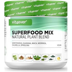 vit4ever Superfood Mix Polvere - 420 g con 6 Superfoods (Erba d'Orzo, Spirulina, Chlorella, Moringa, Maca e Guaranà) - con Gusto Naturale di Limone