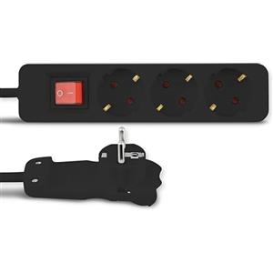 REV Smart - Ciabatta multipla a 3 prese con spina piatta e interruttore illuminato per risparmiare energia, cavo 2 m, max. 3680 W, colore: Nero