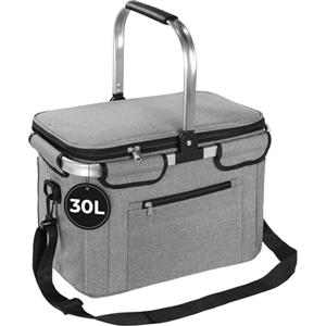 OUSFOT Grande Cestino Picnic Pieghevole, 30L Borsa Termica con Coperchio Grigio con Telaio in Alluminio Perfetto per Shopping,Picnic,Attività All'aperto