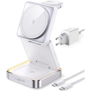 Augnner 3 in 1 Caricatore Wireless Stazione, Stazione di ricarica Pieghevole Compatibile con MagSafe Charger, Rapida Wireless Phone Charger Stand per iPhone 17/16/15/14/13/12 Série, 2/3/Pro, Apple Watch