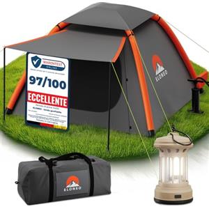 ELONEO tenda gonfiabile per 1-4 persone con tettoia e pompa ad aria, tenda da campeggio impermeabile, tenda ad aria ultraleggera, inflatable tent, tenda glamping con luce LED gratuita