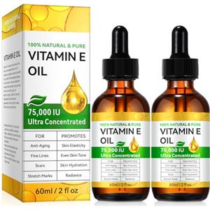 FlameBeauty Olio Vitamina E 75.000 UI - Biologico Puro e Naturale per Viso, Corpo, Cicatrici e Cuoio Capelluto | Idratante e Rigenerante (2 Packs 2x60ML)