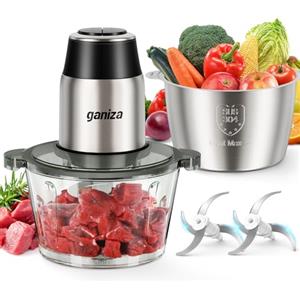 Ganiza Tritatutto elettrico da cucina 500 W, robot tritatutto con 2 ciotole da 1,8 l + 1,8 l, 2 doppie lame, 2 velocità, mini tritatutto elettrico per carne, verdure, noci