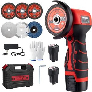 TEENO Smerigliatrice Angolare TEENO 19.500 RPM - Smerigliatrice Senza Filo 76mm, Kit Completo con 2 Batterie 2000mAh e 6 Dischi - Per Smerigliatura, Lucidatura, Taglio Professionale