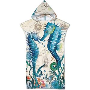 Rowjoy Telo mare poncho, oceano animale, stampa surf, blu subacqueo, telo mare con cappuccio, asciugamano poncho ad asciugatura rapida per adulti (Seahorse2-75 x 110 cm), Row-1