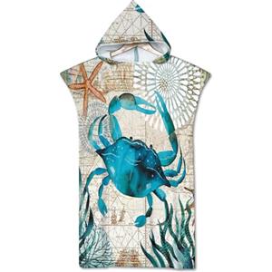 Rowjoy Telo mare poncho, oceano animale, stampa surf, blu subacqueo, telo mare con cappuccio, asciugamano poncho ad asciugatura rapida per adulti (Crab-75 x 110 cm), Row-1