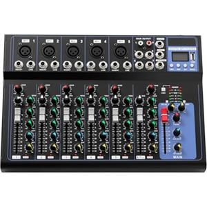 FROPIJ Soundboard - Mixer audio professionale a 7 canali e DJ, mixer audio professionale, 6 stili musicali ed equalizzatore a tre bande, console di mixaggio DJ per karaoke, home party, studio