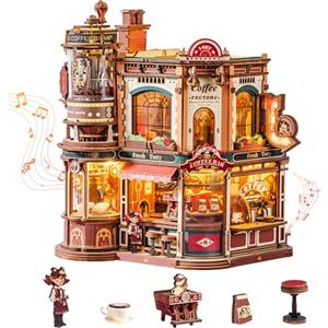 ROKR Dream Coffee Factory EAB02 Casa delle Bambole Miniatura DIY con Carillon per Adulti, Modello Meccanico con Parti Mobili, Luci LED e Musica Jazz, Regalo Creativa